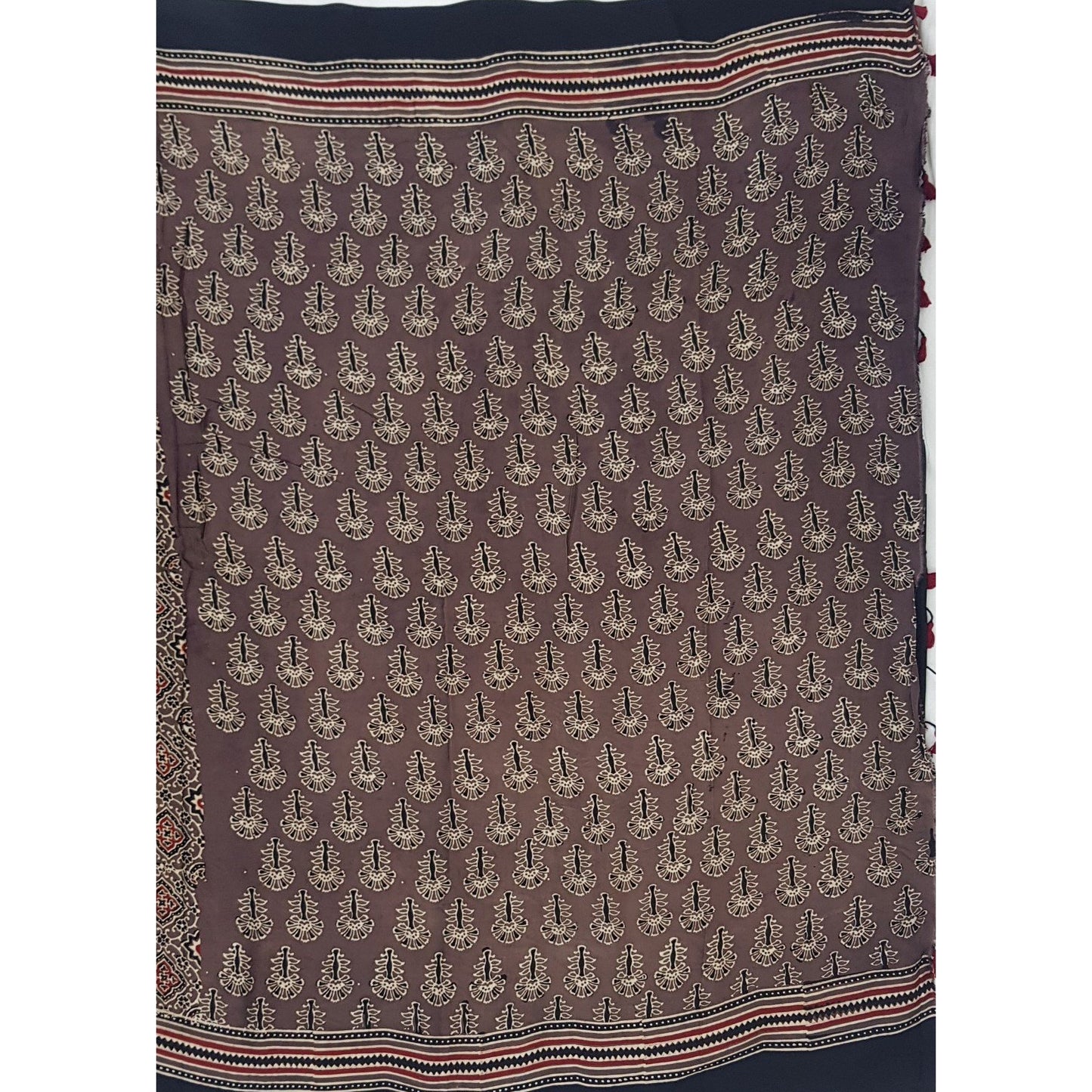 Ajrakh hand block printed natural dyed Modal Silk saree with Tassels - Vinshika