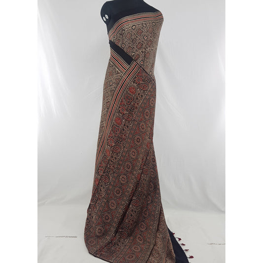 Ajrakh hand block printed natural dyed Modal Silk saree with Tassels - Vinshika