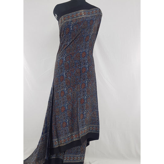 Ajrakh hand block printed natural dyed Modal Silk saree with Tassels - Vinshika