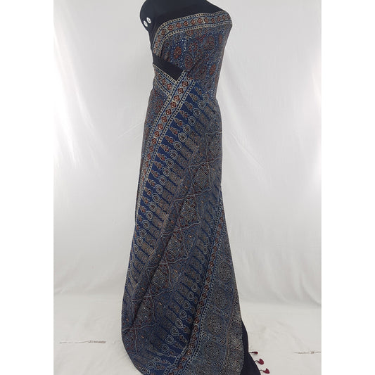 Ajrakh hand block printed natural dyed Modal Silk saree with Tassels - Vinshika