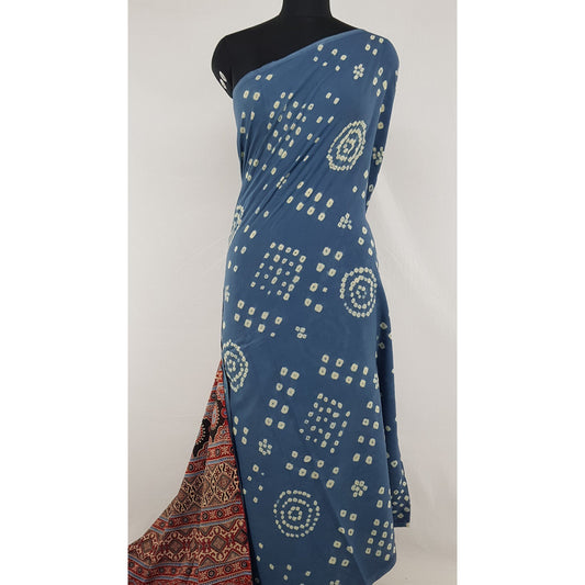 Bandhani and Ajrakh hand block printed natural dyed Cotton saree with Tassels - Vinshika