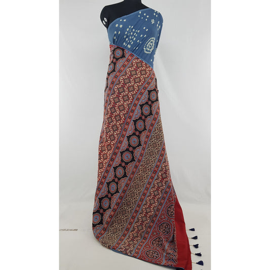 Bandhani and Ajrakh hand block printed natural dyed Cotton saree with Tassels - Vinshika