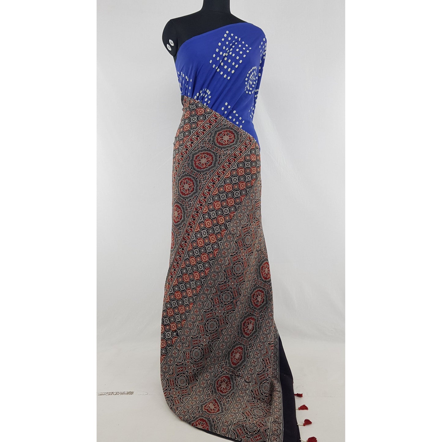 Bandhani and Ajrakh hand block printed natural dyed Cotton saree with Tassels - Vinshika