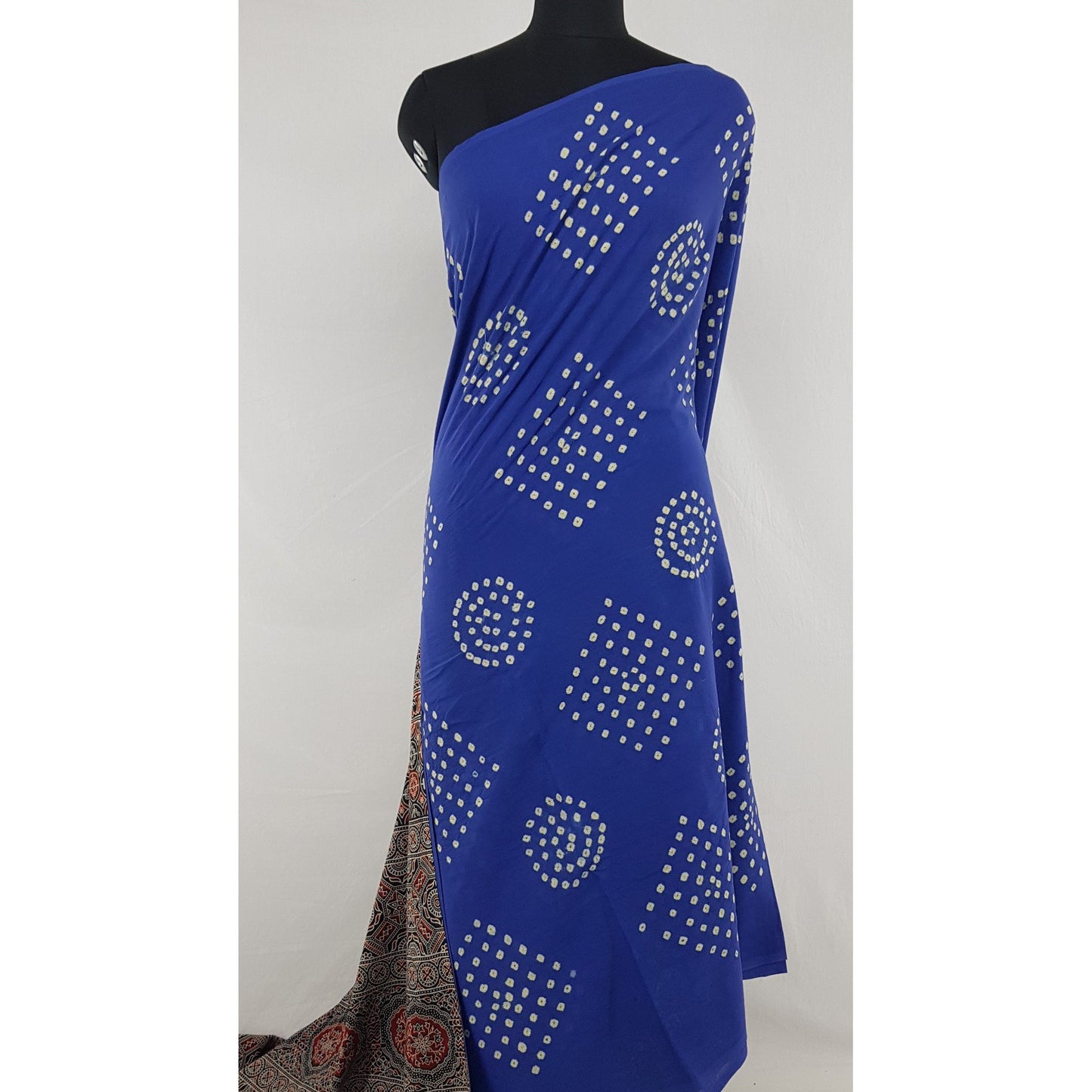 Bandhani and Ajrakh hand block printed natural dyed Cotton saree with Tassels - Vinshika