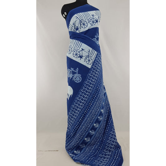 Hand Block Printed Bagru Blue and White color mul mul cotton saree with printed blouse - Vinshika