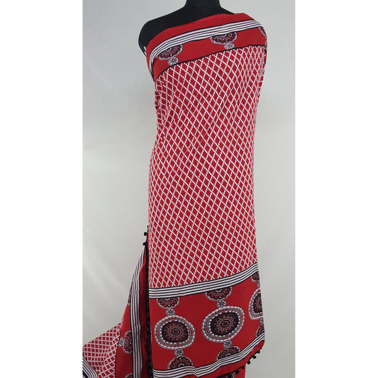 Hand Block Printed Bagru Maroon and Cream color mul mul cotton saree with printed blouse - Vinshika