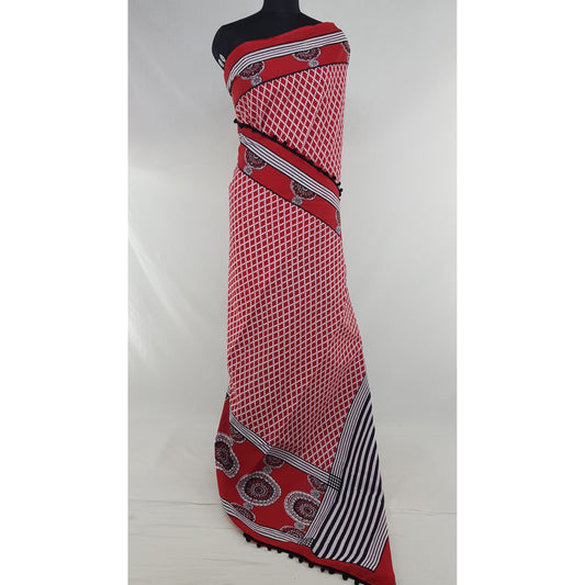 Hand Block Printed Bagru Maroon and Cream color mul mul cotton saree with printed blouse - Vinshika