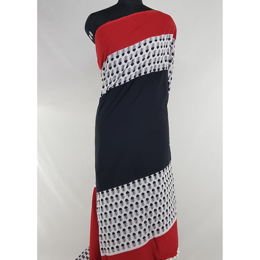 Hand Block Printed Bagru Red and Black color mul mul cotton saree with printed blouse - Vinshika