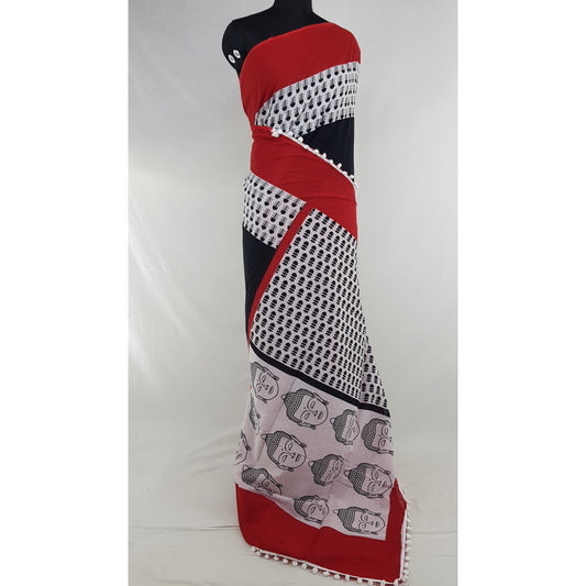 Hand Block Printed Bagru Red and Black color mul mul cotton saree with printed blouse - Vinshika