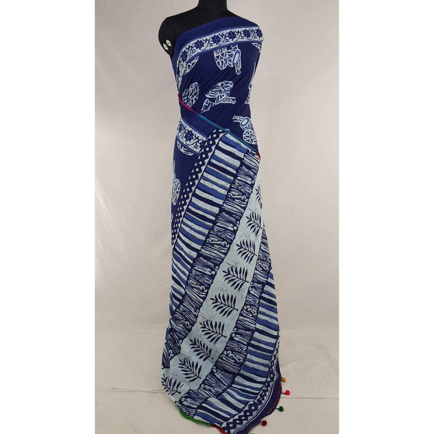 Hand Block Printed Bagru Blue and white color mul mul cotton saree with printed blouse - Vinshika