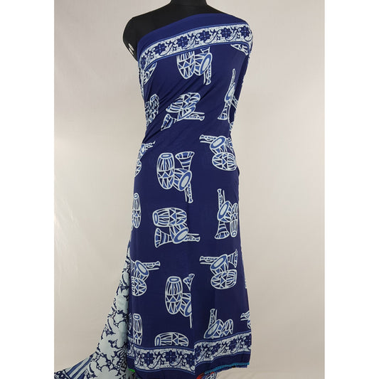 Hand Block Printed Bagru Blue and white color mul mul cotton saree with printed blouse - Vinshika