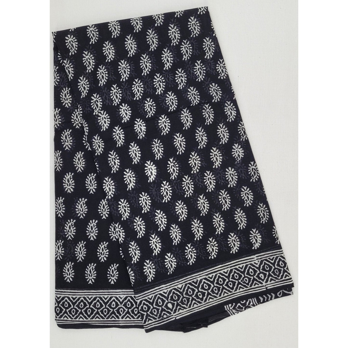 Hand Block Printed Bagru Black color mul mul cotton saree with printed blouse - Vinshika