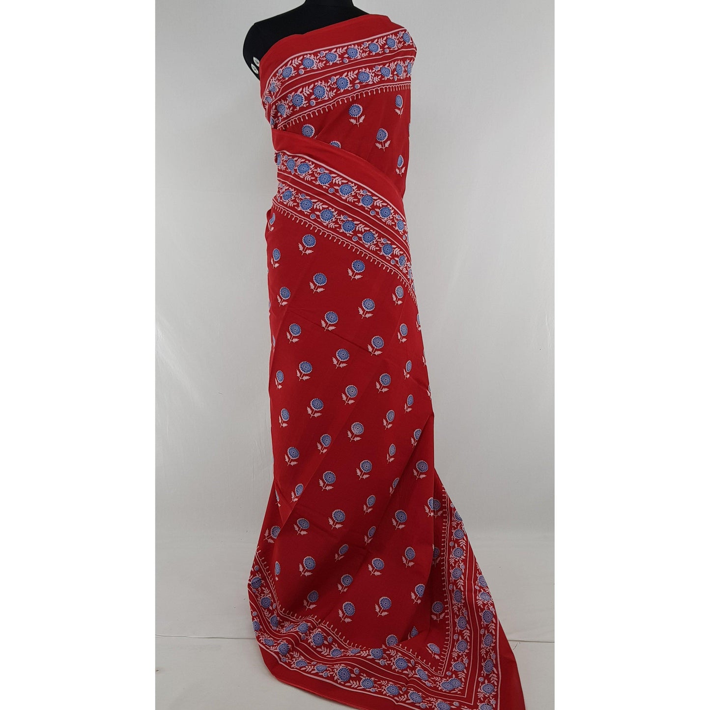 Hand Block Printed Bagru Red and Cream color mul mul cotton saree with plain blouse - Vinshika