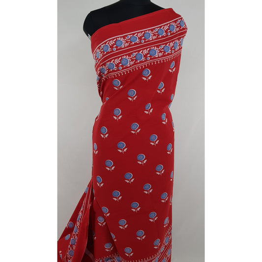 Hand Block Printed Bagru Red and Cream color mul mul cotton saree with plain blouse - Vinshika