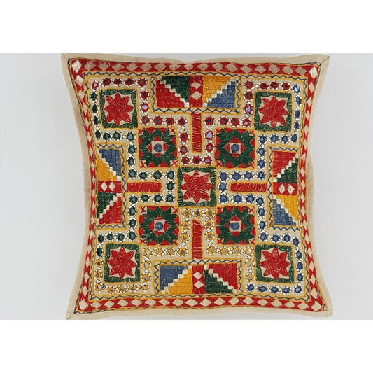 Cotton Hand Embroidered Mirror work Cushion Cover - Vinshika