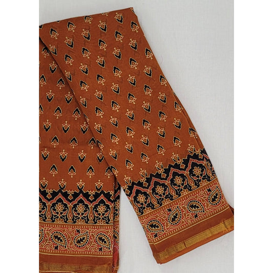 Bagru Block Printed Chanderi Saree with small Zari border - Vinshika
