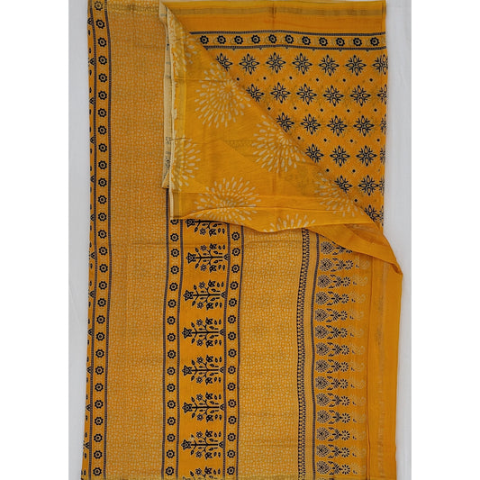 Bagru Block Printed Chanderi Saree with small Zari border - Vinshika