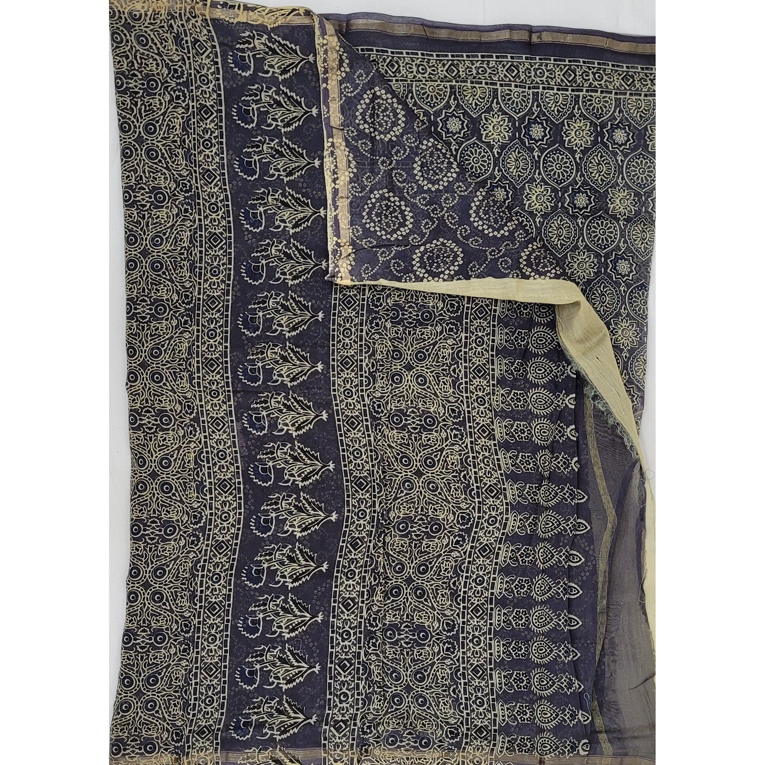Bagru Block Printed Chanderi Saree with small Zari border - Vinshika