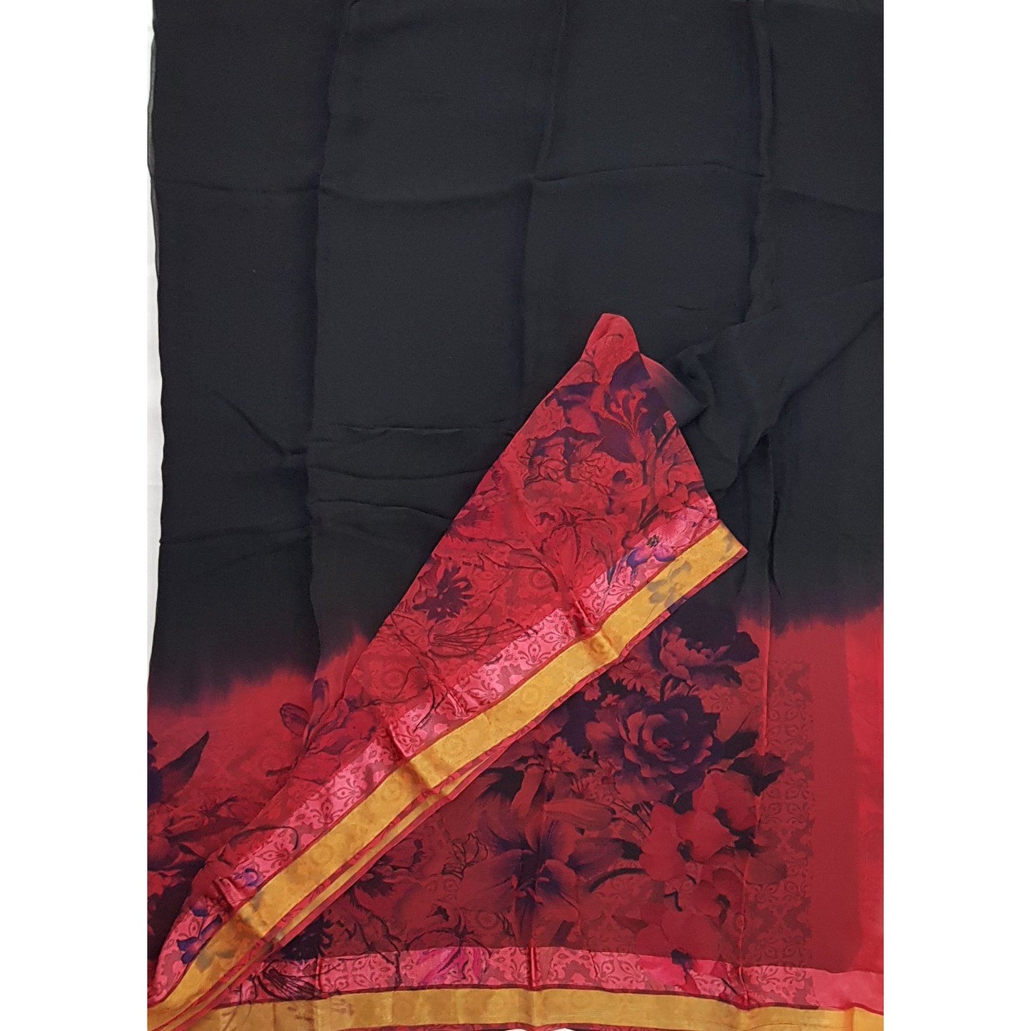 Black Color Floral Pure Chiffon Saree with Satin and Golden Border - Vinshika