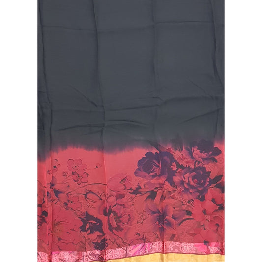 Black Color Floral Pure Chiffon Saree with Satin and Golden Border - Vinshika