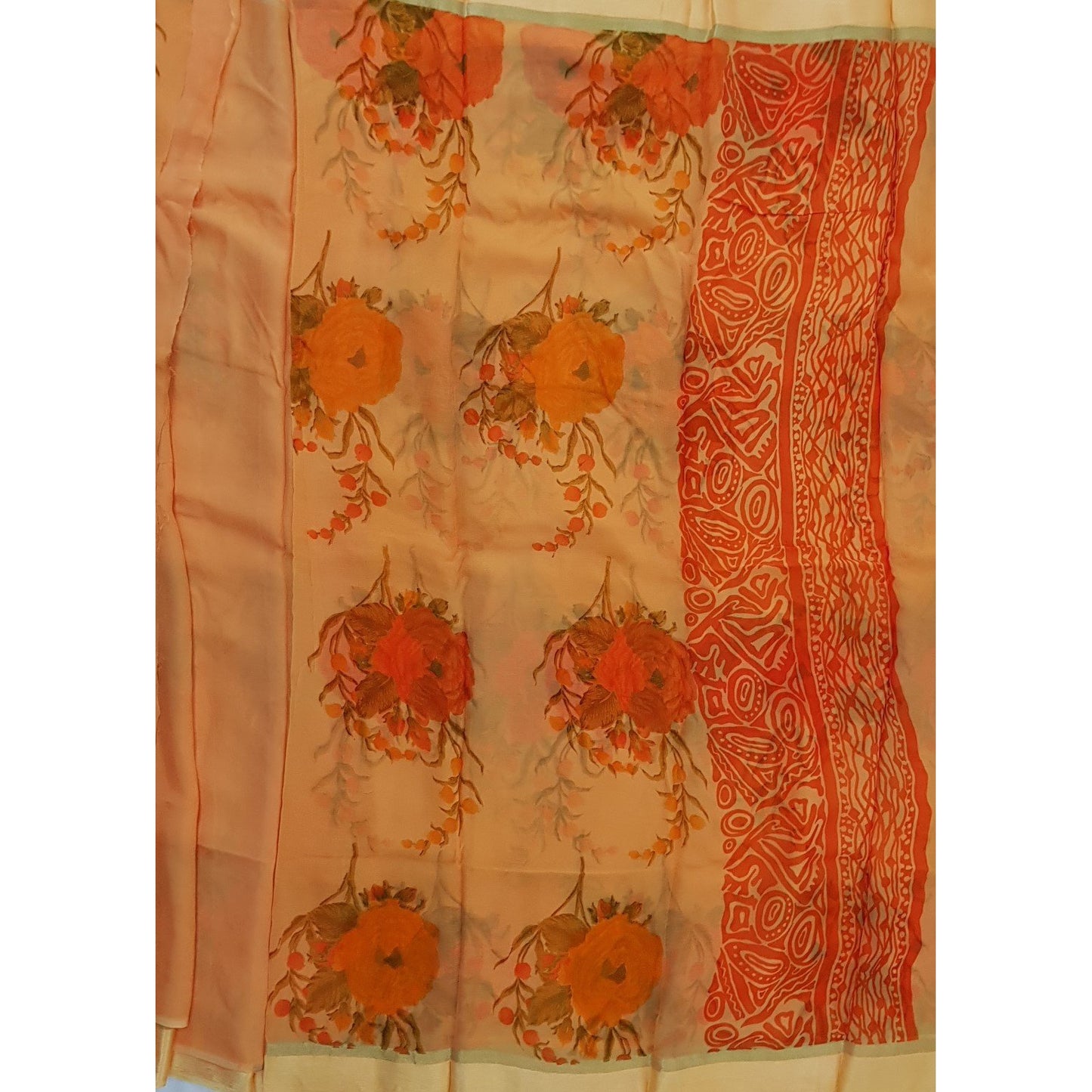 Coral Peach  Color Floral Pure Chiffon Saree with Satin Border - Vinshika