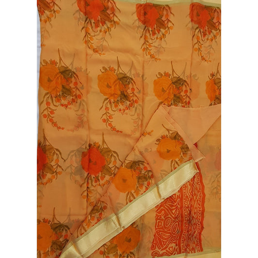 Coral Peach  Color Floral Pure Chiffon Saree with Satin Border - Vinshika