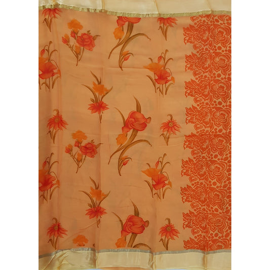 Coral Peach  Color Floral Pure Chiffon Saree with Satin Border - Vinshika