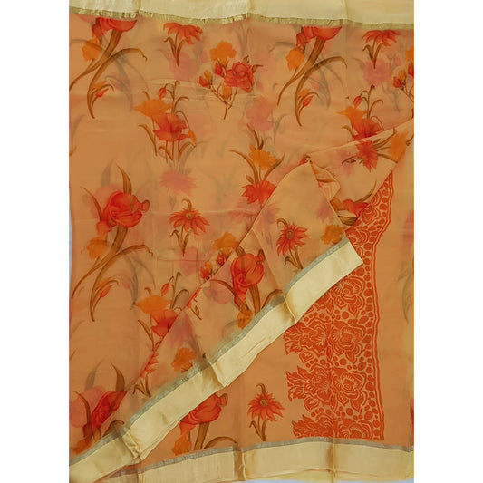 Coral Peach  Color Floral Pure Chiffon Saree with Satin Border - Vinshika