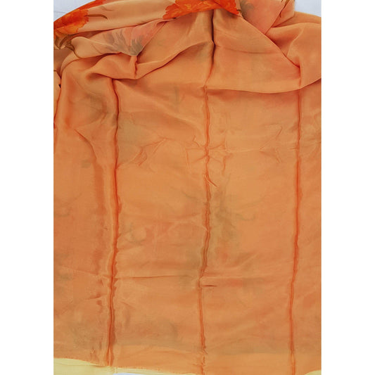 Saffron color floral chiffon saree with satin border - Vinshika