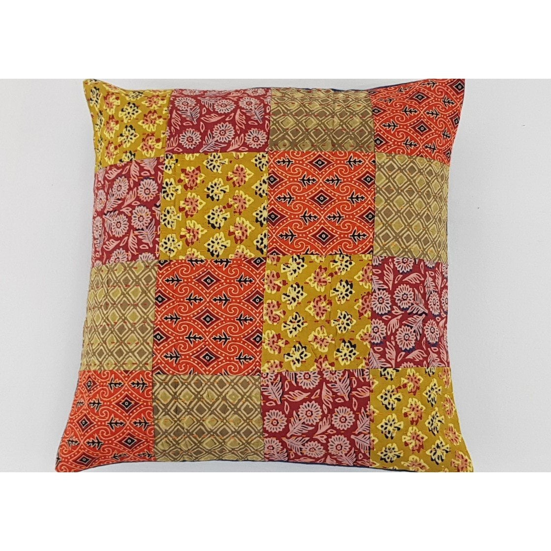 Cotton Block Print Patchwork Kantha Stitch Cushion Cover - Vinshika