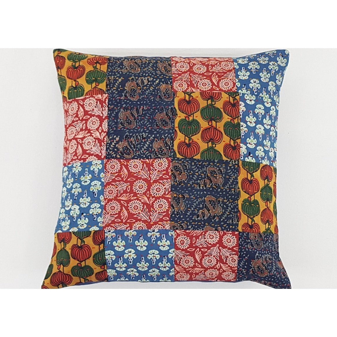 Cotton Block Print Patchwork Kantha Stitch Cushion Cover - Vinshika