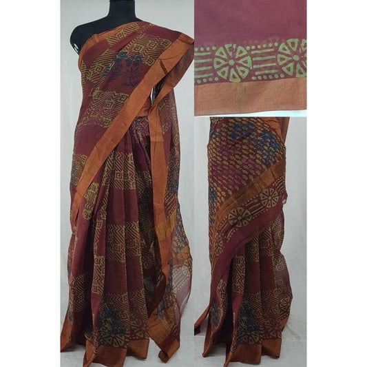 Maroon color Bagru Block Printed in Natural Colors Chanderi Saree With big zari border - Vinshika