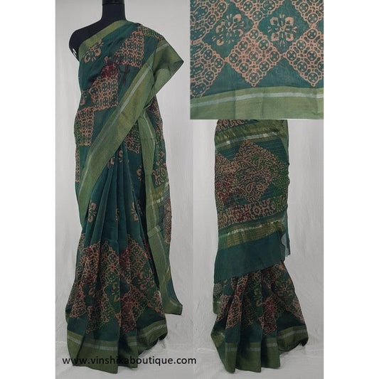 Green color Bagru Block Printed in Natural Colors Chanderi Saree With big zari border - Vinshika