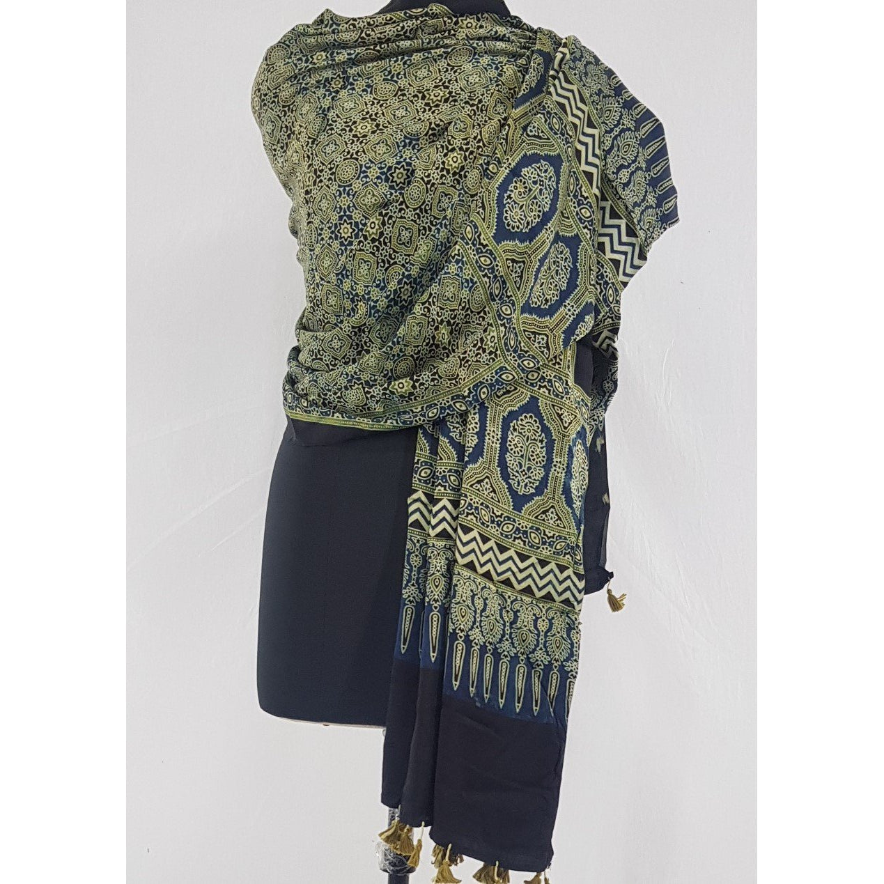 Ajrakh hand block natural dyed Modal Silk dupatta with Tassels - Vinshika