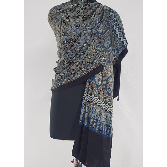 Ajrakh hand block natural dyed Modal Silk dupatta with Tassels - Vinshika