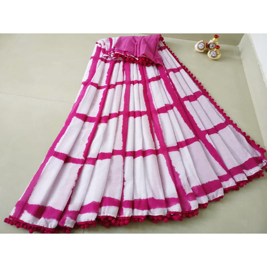 Bagru white and pink color mul cotton pom pom saree - Vinshika