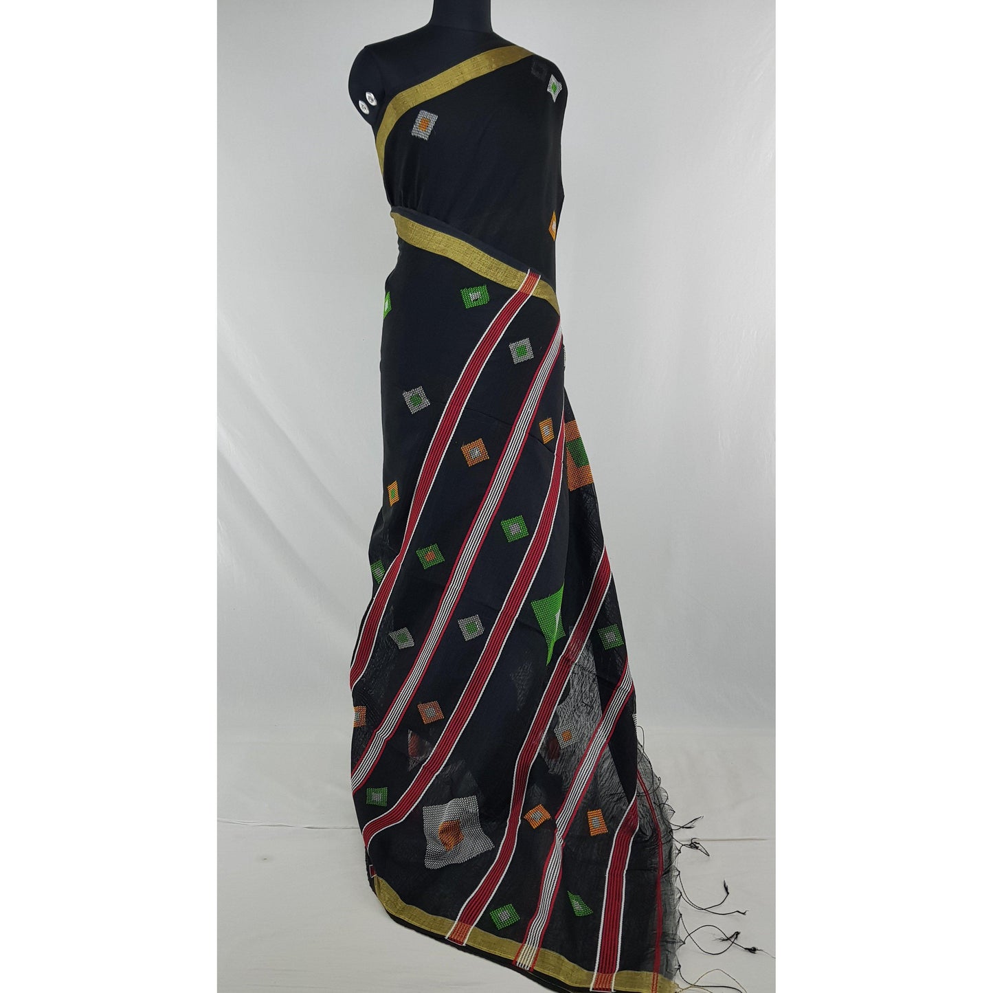 Black color handmade yarn cotton by resham jamdani buttis handwoven saree - Vinshika