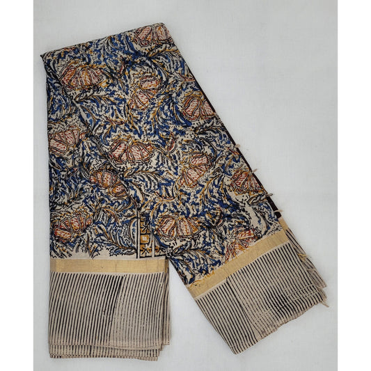 Handprinted Kalamkari Silk saree with Zari border - Vinshika