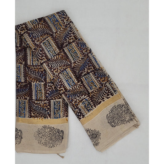 Handprinted Kalamkari Silk saree with Zari border - Vinshika