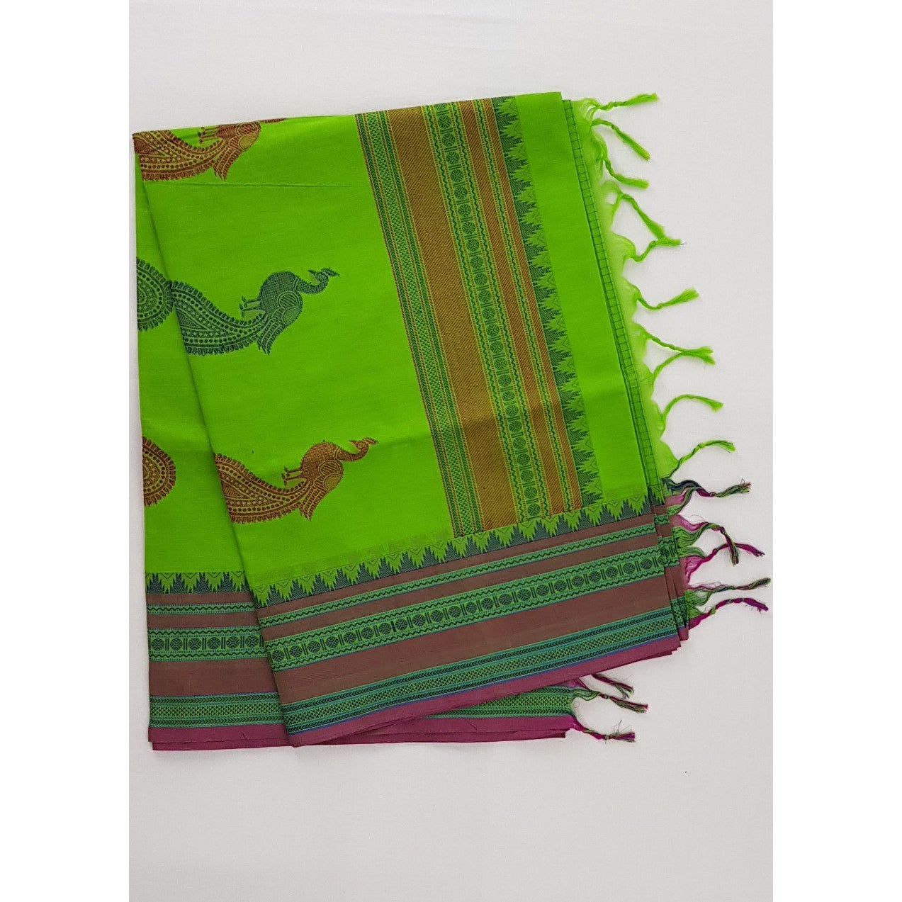 Parrot Green and Pink Color Kanchi cotton saree with thread border and Rich Pallu - Vinshika