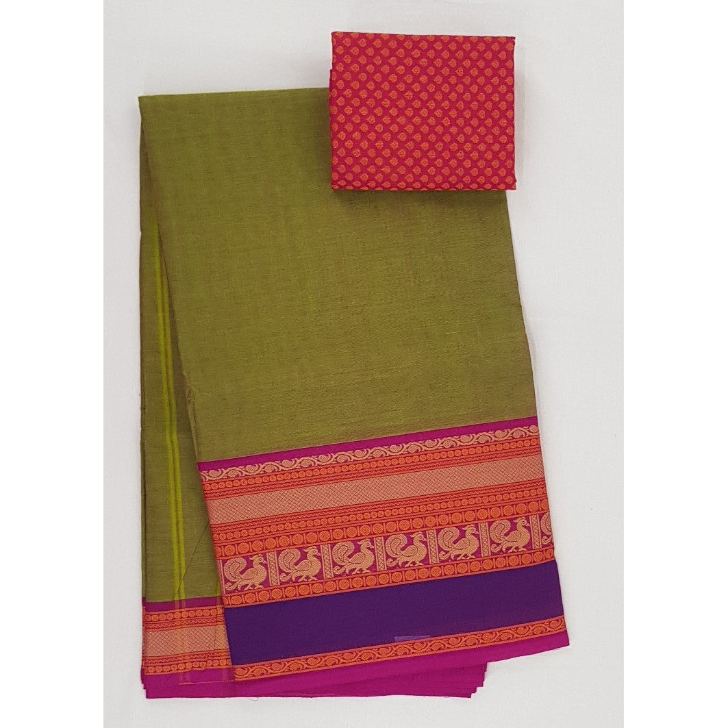 Green and Pink Color Kanchi cotton saree with thread border - Vinshika
