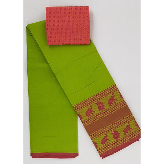 Green and Peach Color Kanchi cotton saree with thread border - Vinshika