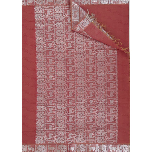 Red Color Kanchi Cotton saree allover jacquard weaving with silver zari border - Vinshika