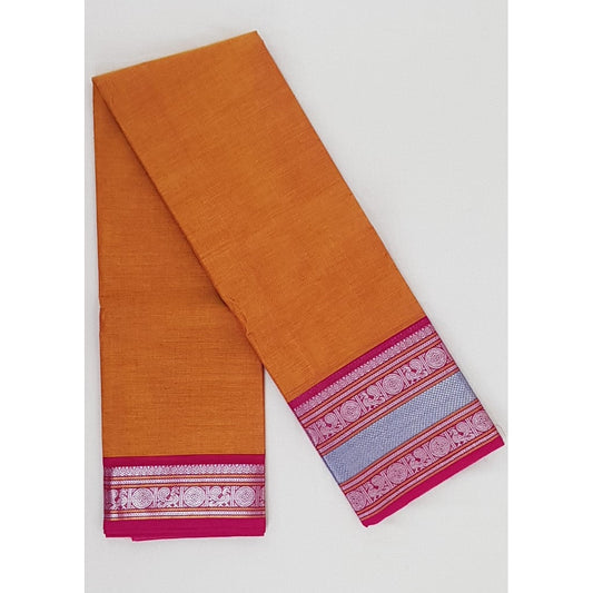 Orange color Kanchi cotton saree with silver zari border - Vinshika