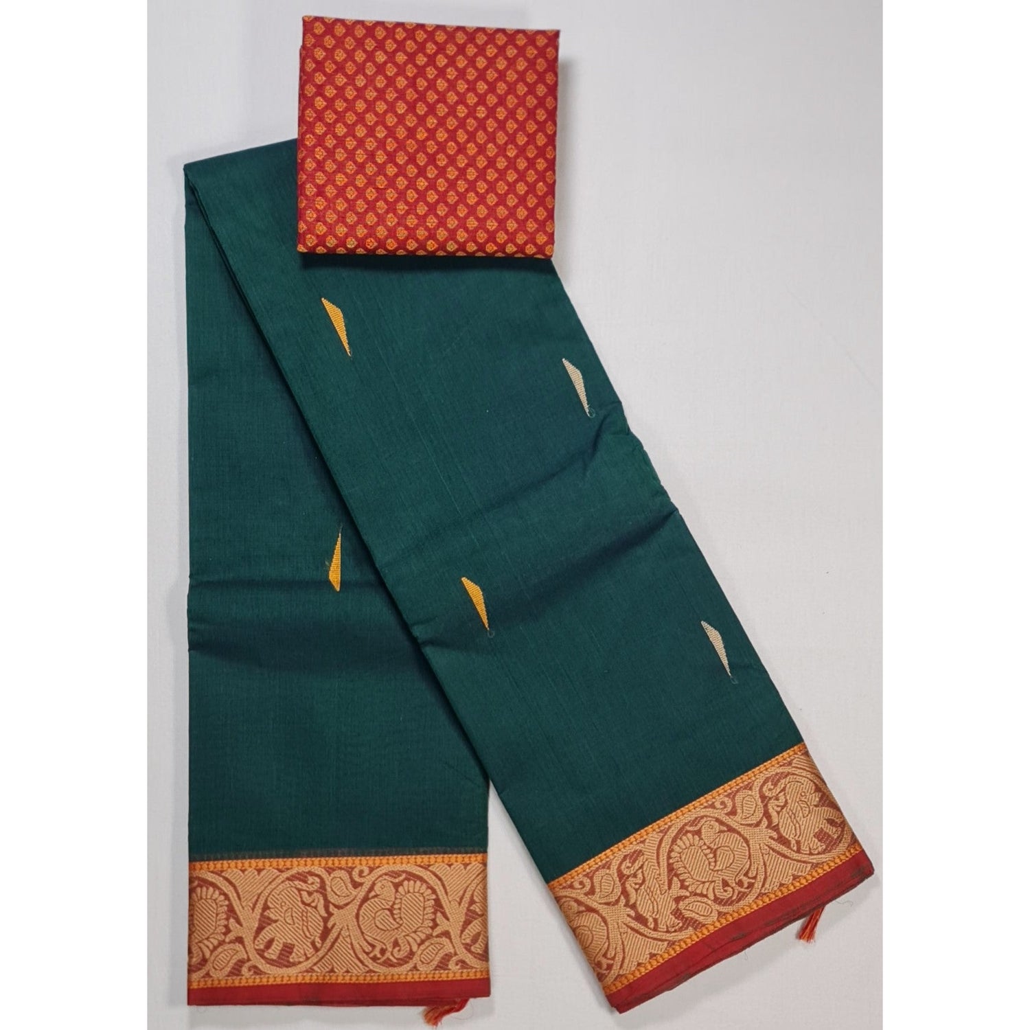 Bottle Green Color Kanchi cotton saree allover buttis with thread border - Vinshika