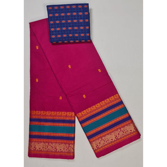 Pink and Blue Color Kanchi cotton saree allover buttis with thread border - Vinshika