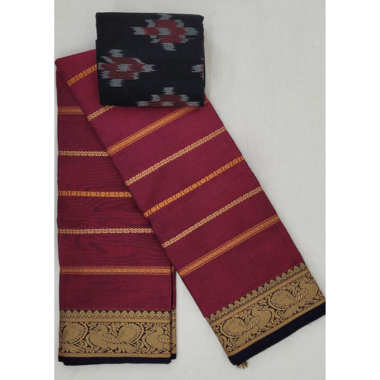 Wine Color Kanchi cotton saree with thread border - Vinshika