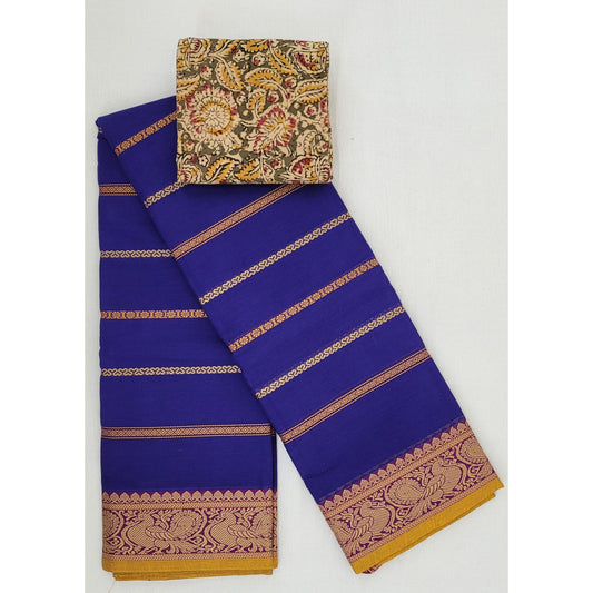 True Blue Color Kanchi cotton saree with thread border - Vinshika