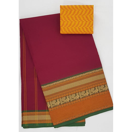 Maroon and Yellow Color Kanchi cotton saree with thread border - Vinshika