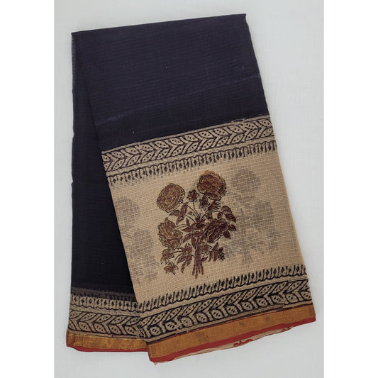 Black and Cream color Hand Block Printed Kota Cotton Saree with Zari border - Vinshika
